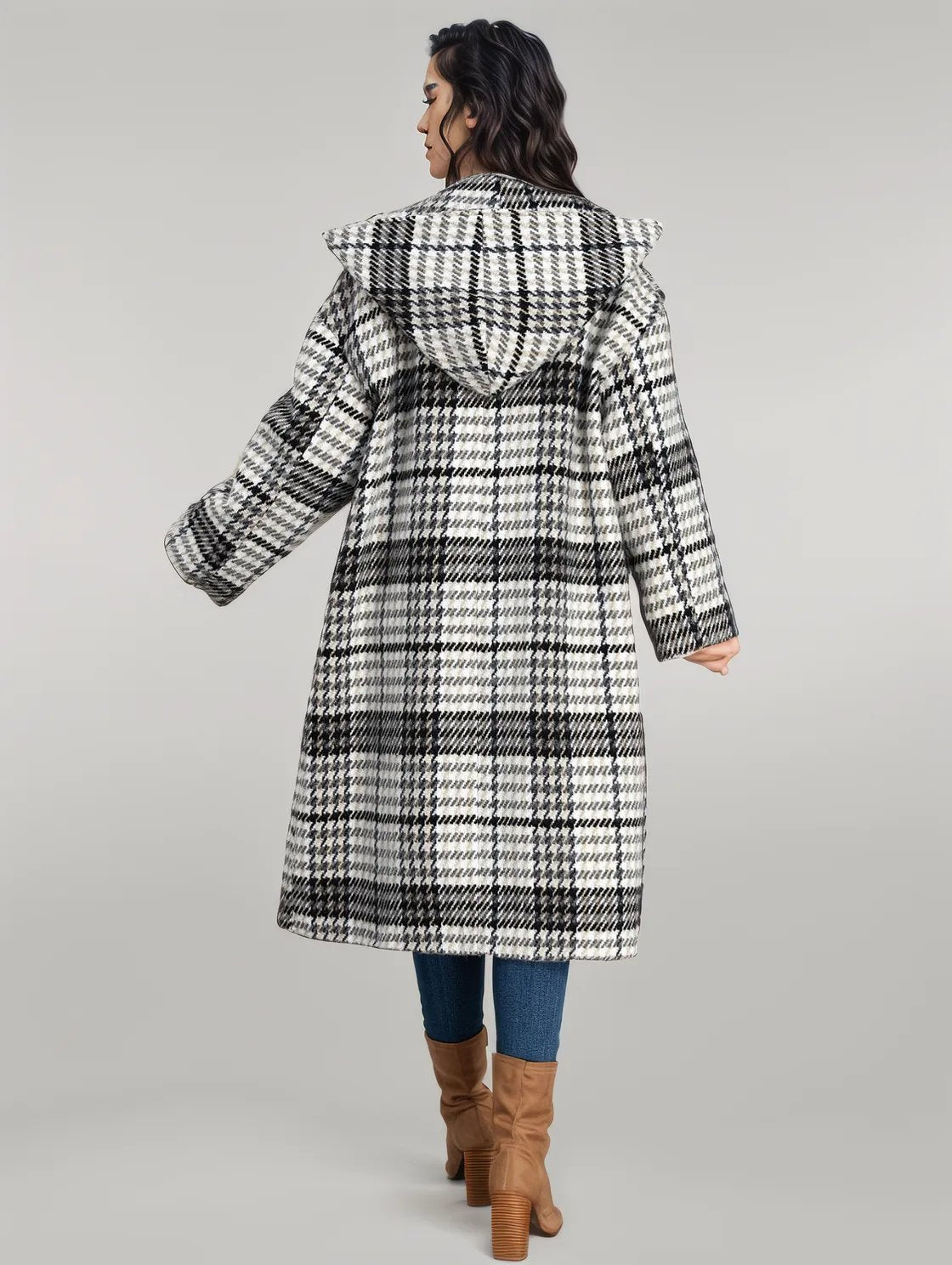 Plaid Double - Breasted Long Sleeve Longline Coat - coat - Trendsi