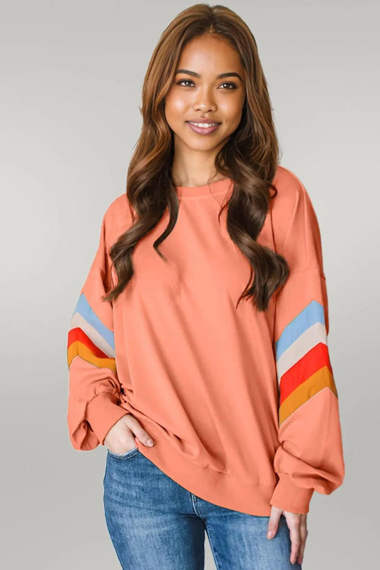 Flamingo Rainbow Striped Sleeve Crew Neck Loose Sweatshirt