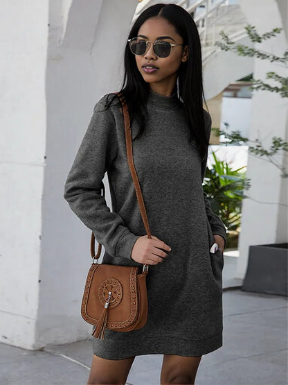 Ivy Lane Round Neck Long Sleeve Mini Dress with Pockets Dark Gray