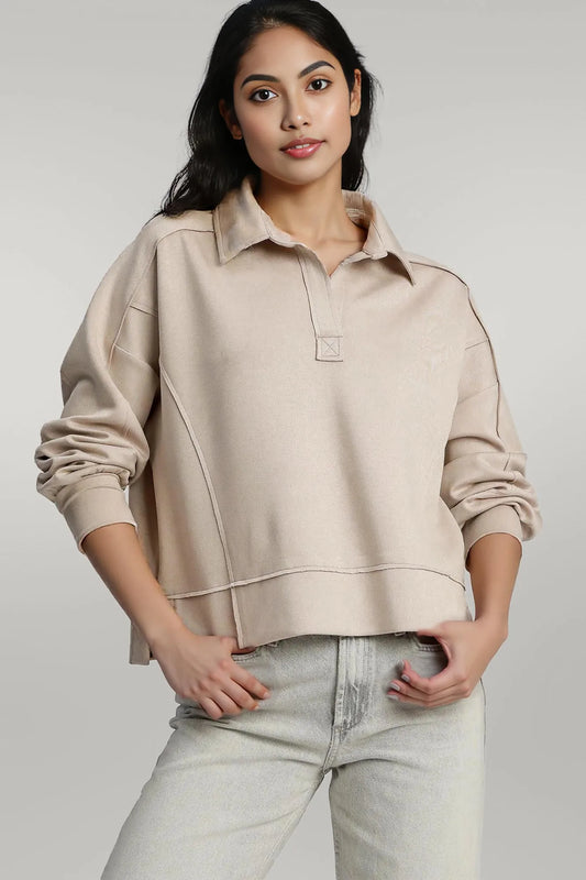 Umgee Exposed Seam Long Sleeve Polo Top with Side Slit STONE
