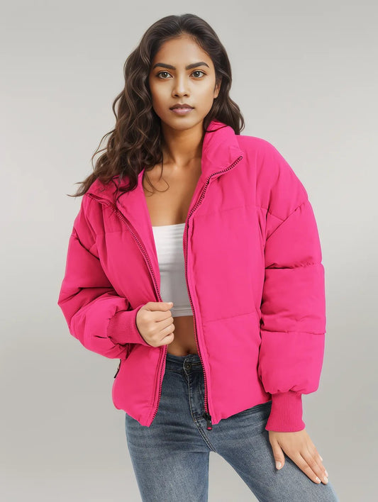 Zip Up Turtleneck Long Sleeve Winter Coat Hot Pink