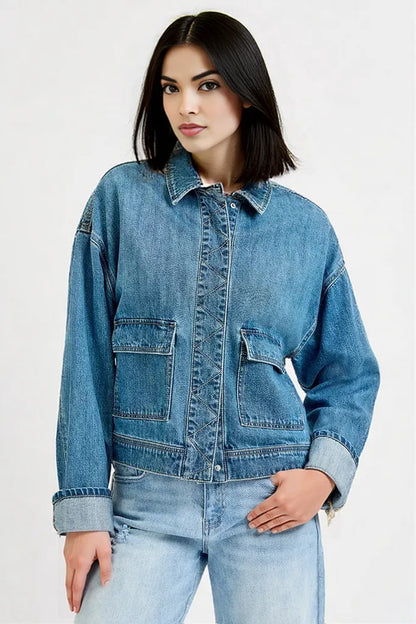 RISEN Oversized Cargo Pocket Denim Jacket with Cuffed Sleeves MEDIUM
