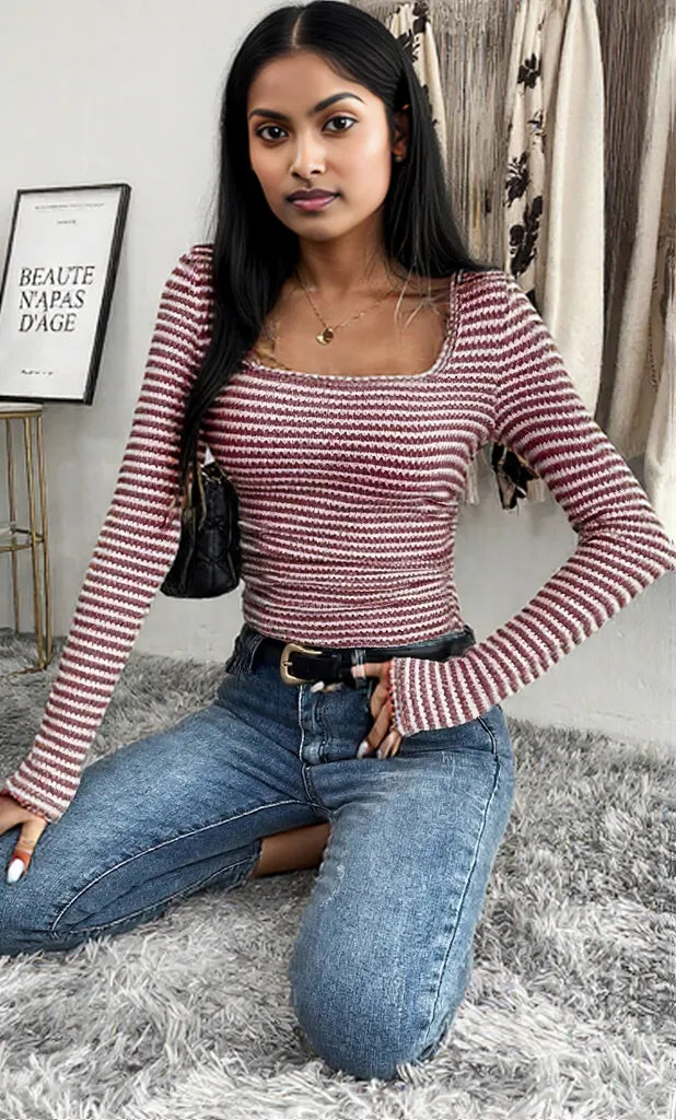 Striped Square Neck Long Sleeve T-Shirt