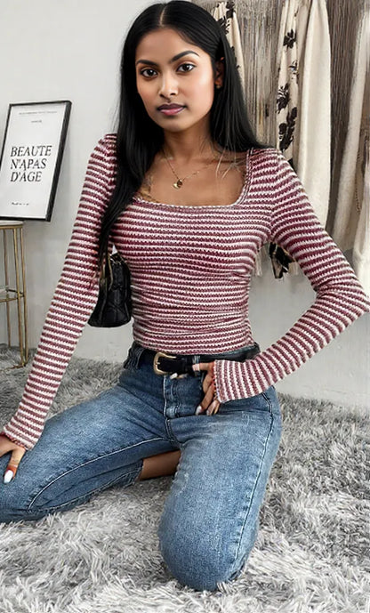Striped Square Neck Long Sleeve T-Shirt