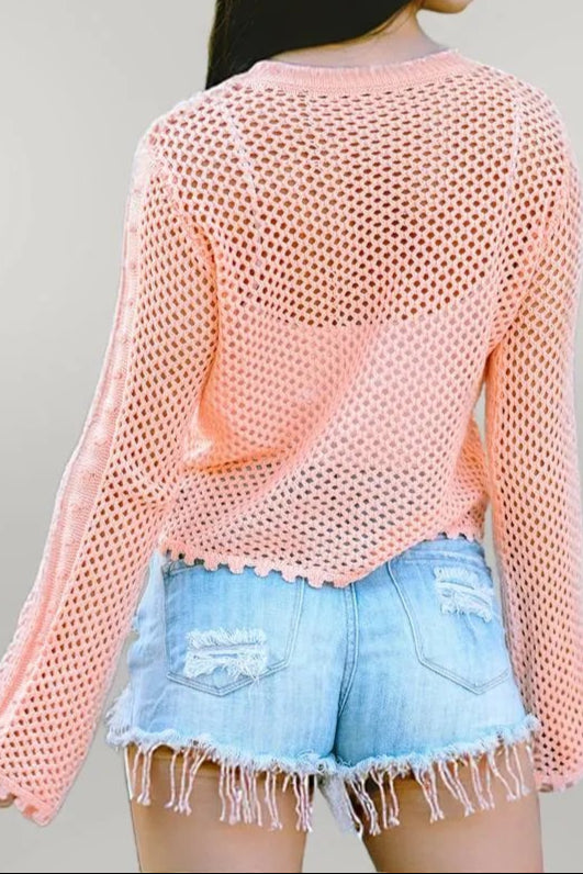 Openwork Round Neck Long Sleeve Knit Top