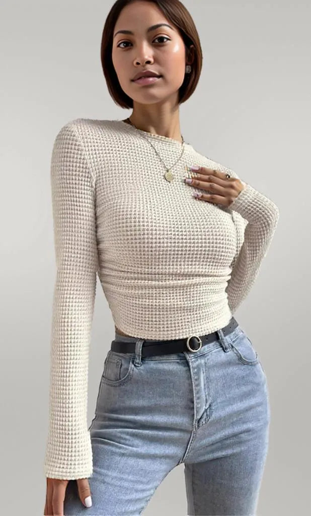 Waffle Knit Long Sleeve T-Shirt Beige
