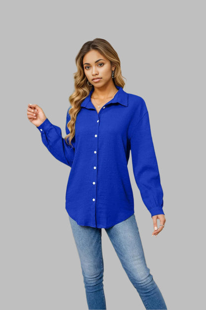 Collared Neck Buttoned Long Sleeve Shirt Royal Blue