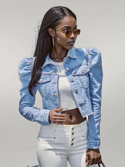 Button Down Raw Hem Cropped Denim Jacket