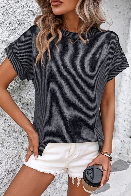 Mandy Striped Round Neck Short Sleeve T-Shirt Dark Gray