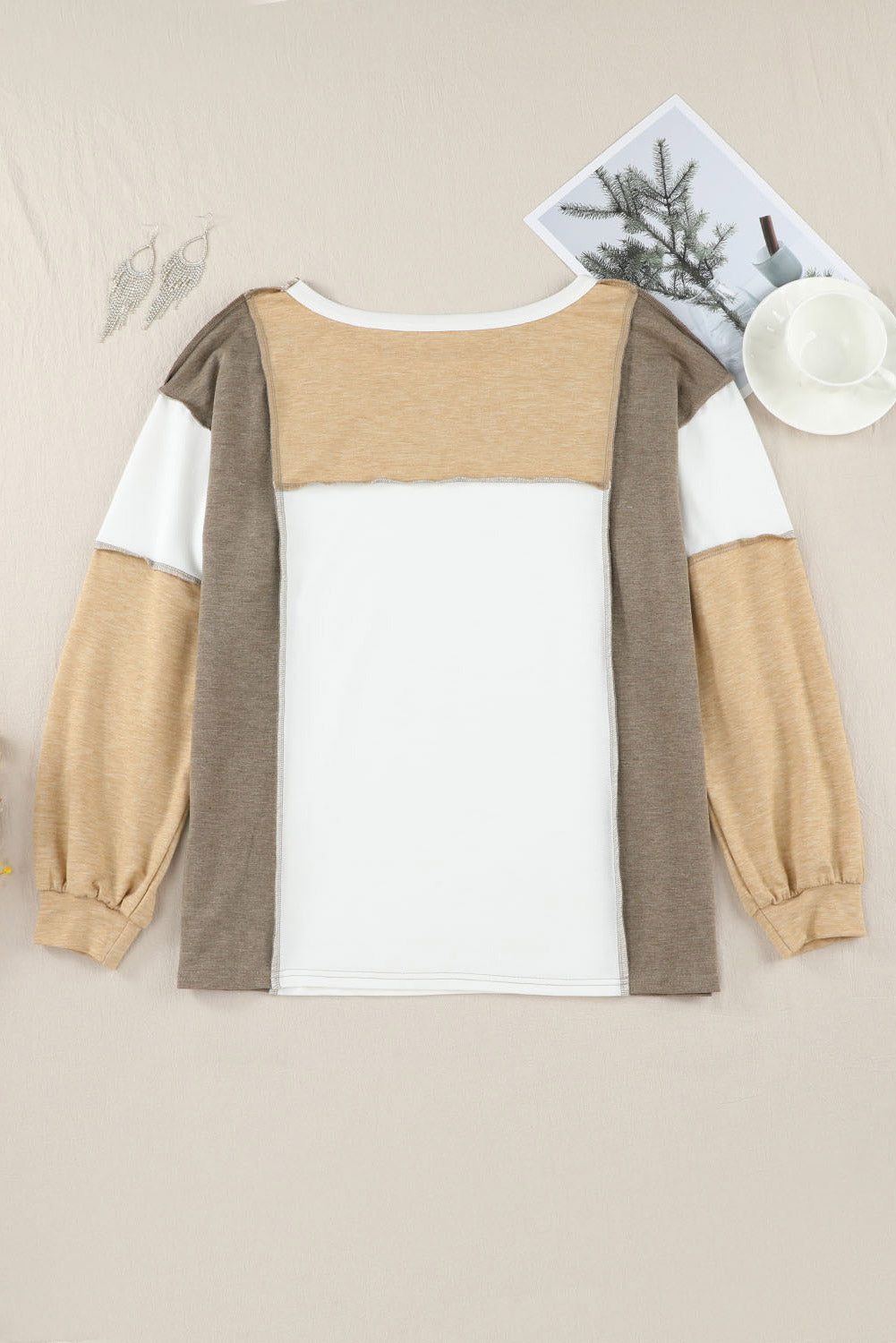 Khaki Exposed Seam Color Block Patchwork Top