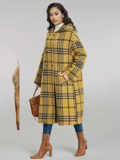 Plaid Double - Breasted Long Sleeve Longline Coat - coat - Trendsi