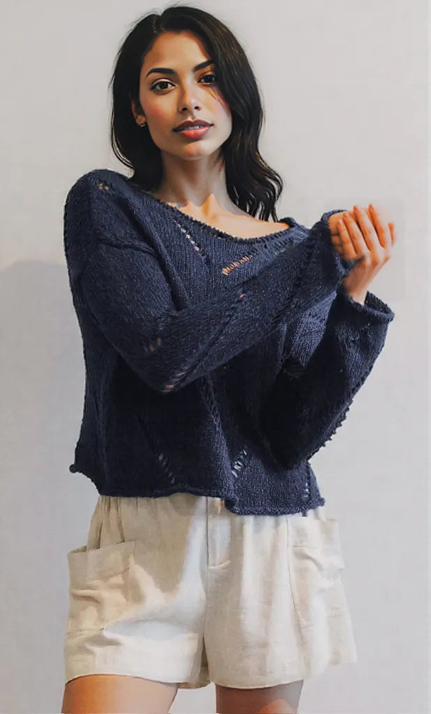 Openwork Boat Neck Long Sleeve Sweater