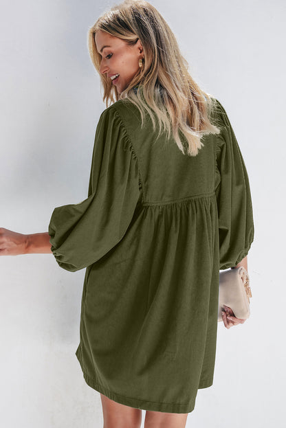 Vineyard Green Corduroy Snap Buttons Empire Waist Bracelet Sleeve Dress - Dresses/Mini Dresses - Dear - Lover