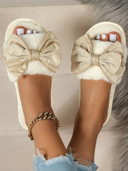 Bow Open Toe Slippers Ivory