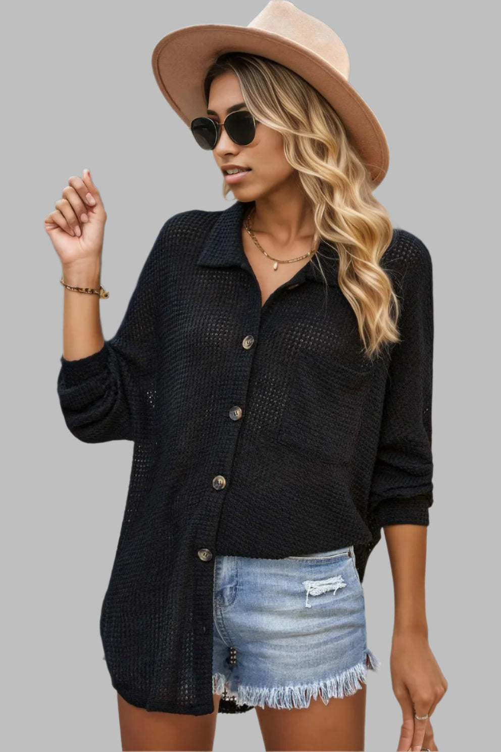 Waffle-Knit Collared Neck Dropped Shoulder Shirt