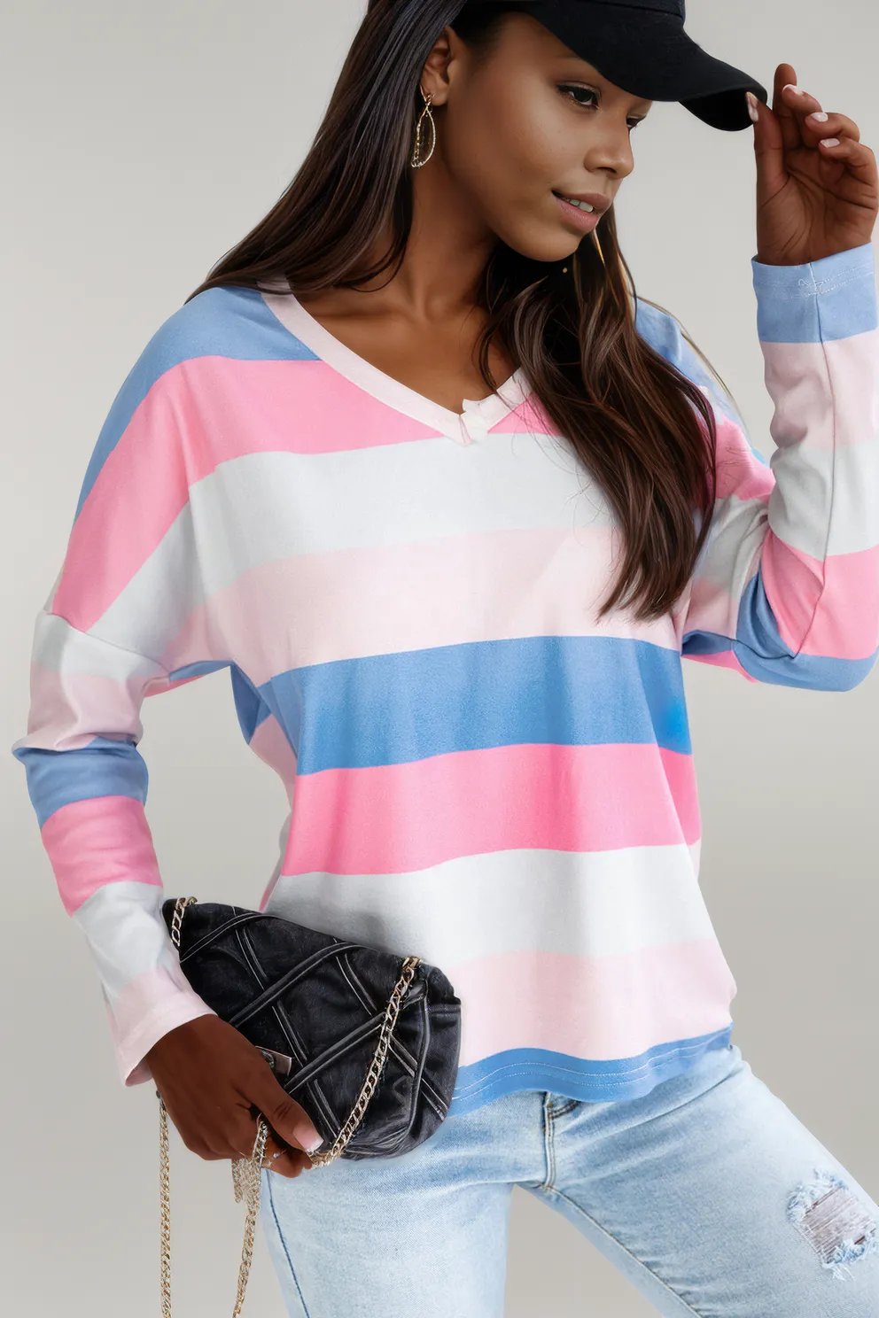 Pink Contrast Striped V Neck Long Sleeve Top Pink 95%Polyester+5%Elastane