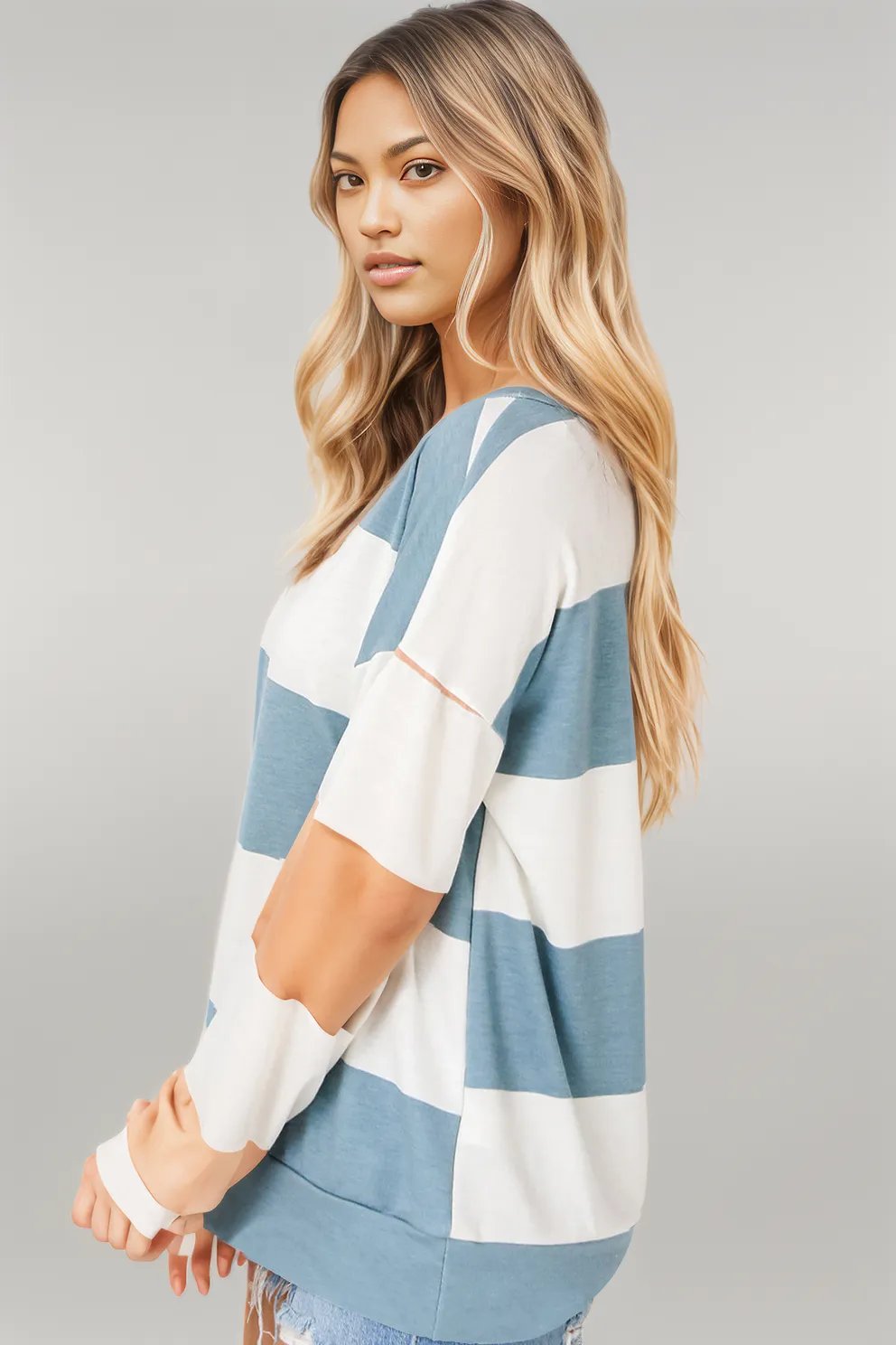 Light Blue Colorblock Striped Drop Shoulder Long Sleeve Top