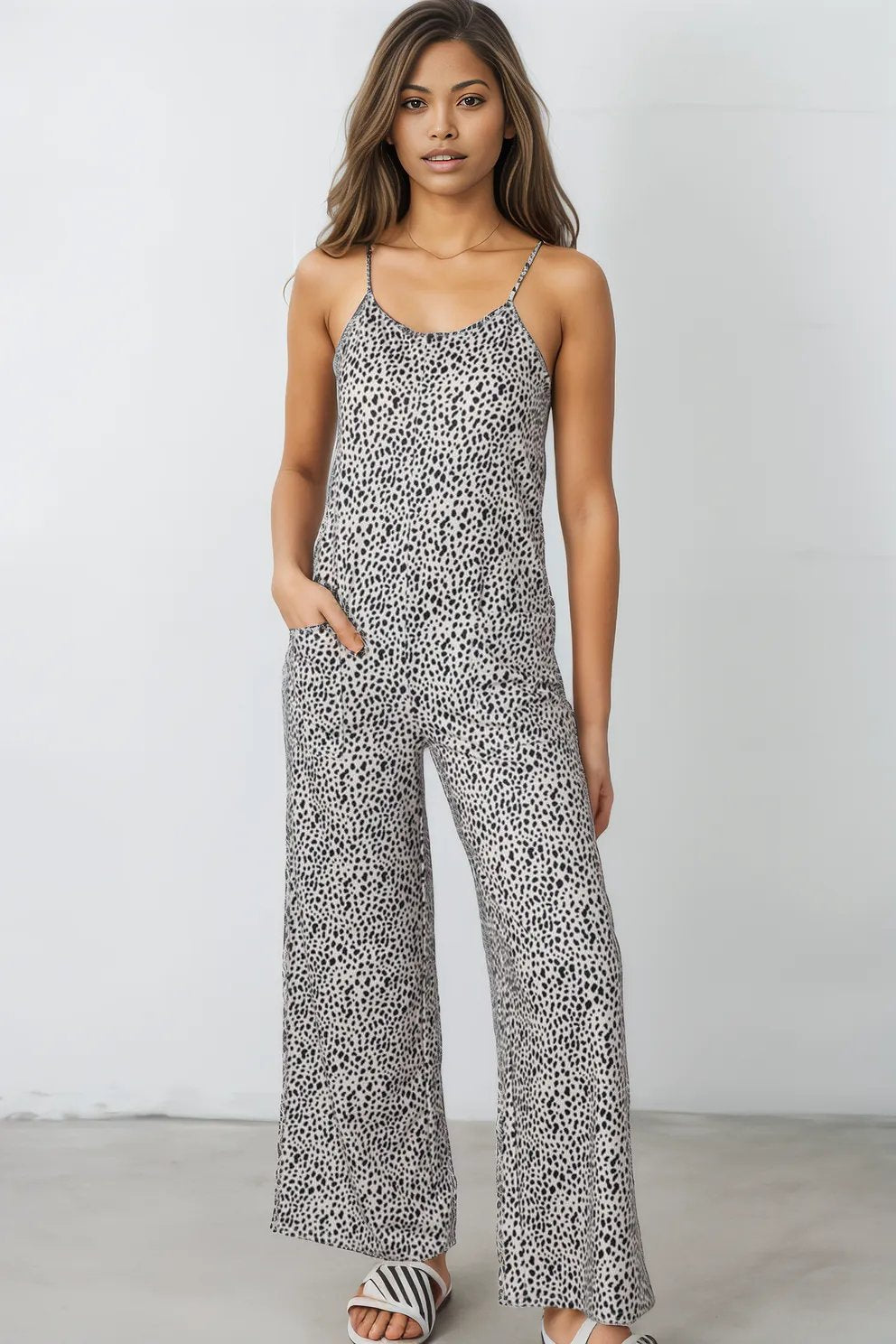 Printed Spaghetti Strap Jumpsuit with Pockets Beige