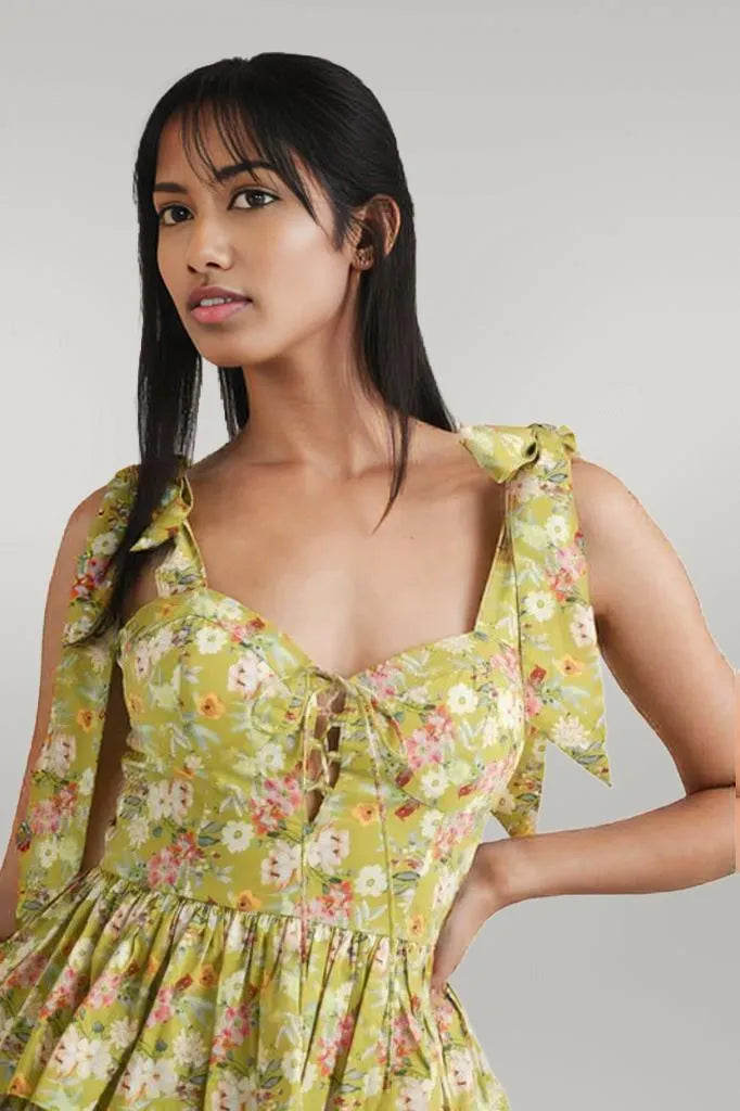 MABLE Floral Print Shoulder Tie Layered Mini Dress