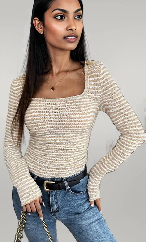 Striped Square Neck Long Sleeve T-Shirt Apricot