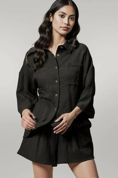 BiBi Crinkle Gauze Shirt and Short Set BLACK