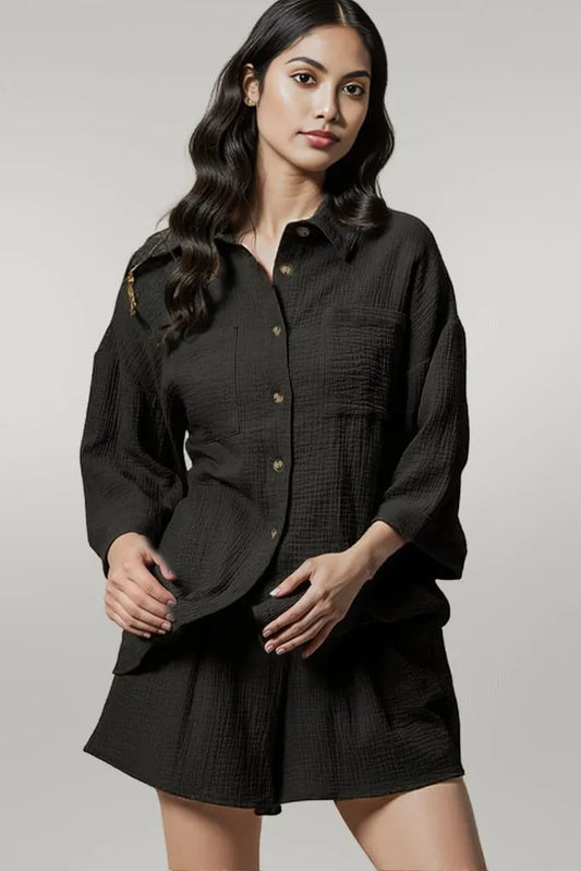 BiBi Crinkle Gauze Shirt and Short Set BLACK