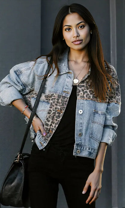 Distressed Leopard Drop Shoulder Denim Jacket Leopard