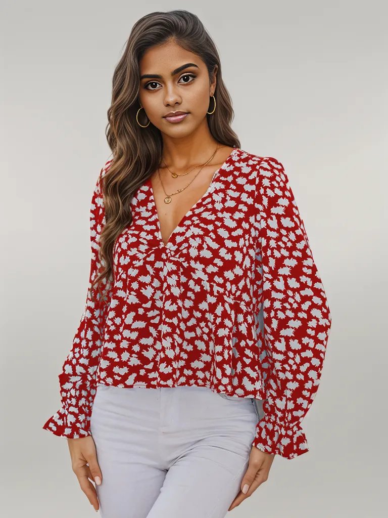 Honey Printed V-Neck Flounce Sleeve Blouse