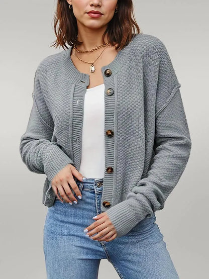 Button Up Dropped Shoulder Cardigan Gray