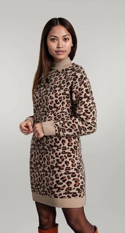 Khaki Leopard Print High Neck Shift Mini Sweater Dress