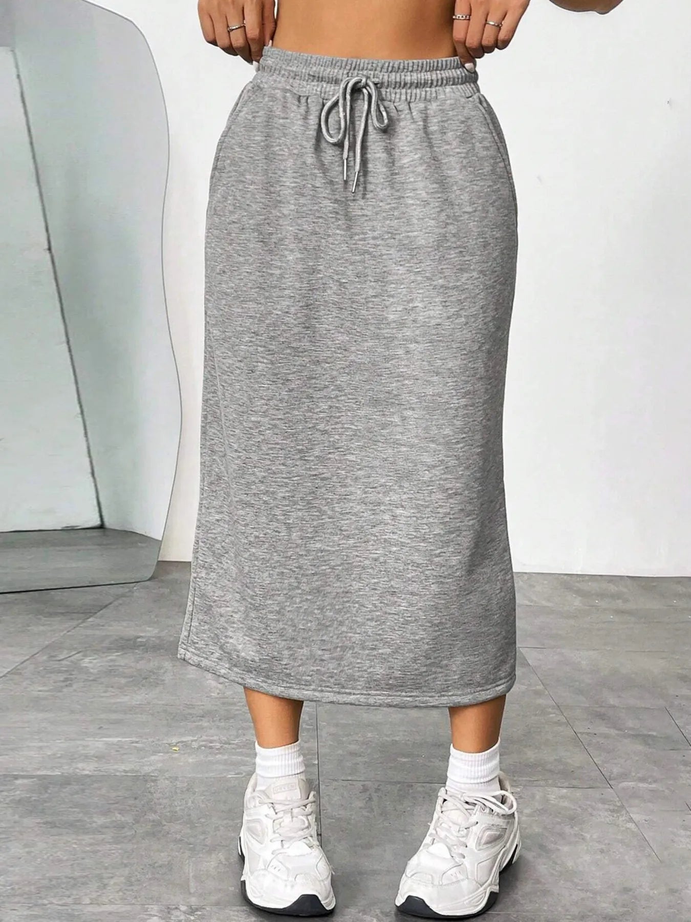 Slit Drawstring Midi Skirt Grey