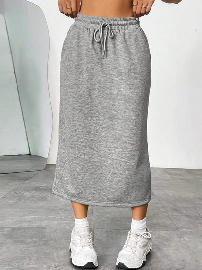 Slit Drawstring Midi Skirt Grey