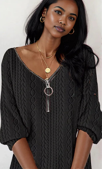 Zip Detail Textured Knit Mini Sweater Black