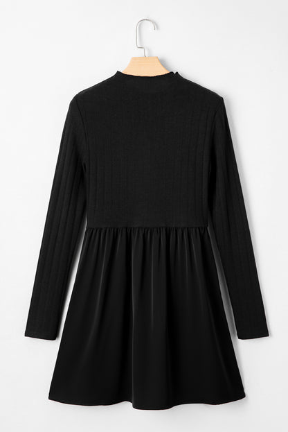 Black Frilled Neck Ribbed Knit Patchwork Long Sleeve Mini Dress Black 97%Polyester+3%Elastane