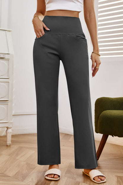 High Waist Wide Leg Pants with Pockets Dark Gray