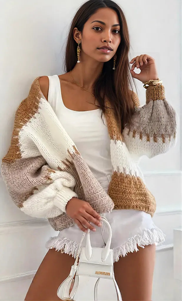 Color Block Drop Shoulder Cardigan Khaki