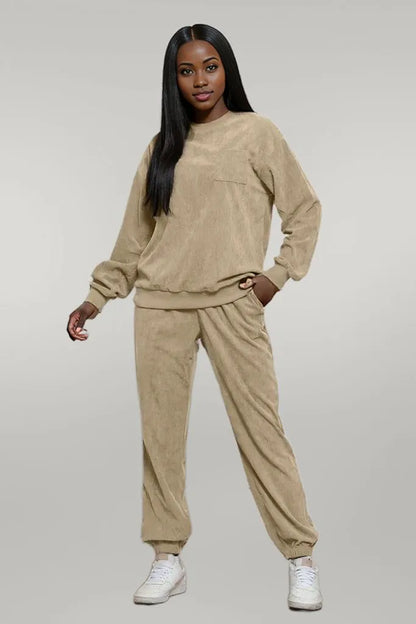 Corduroy Round Neck Sweatshirt and Sweatpants Set Beige