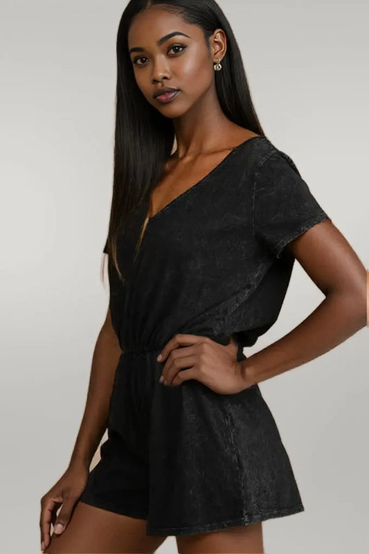 Black Acid Wash Open Back Tie Detail Short Sleeve Romper