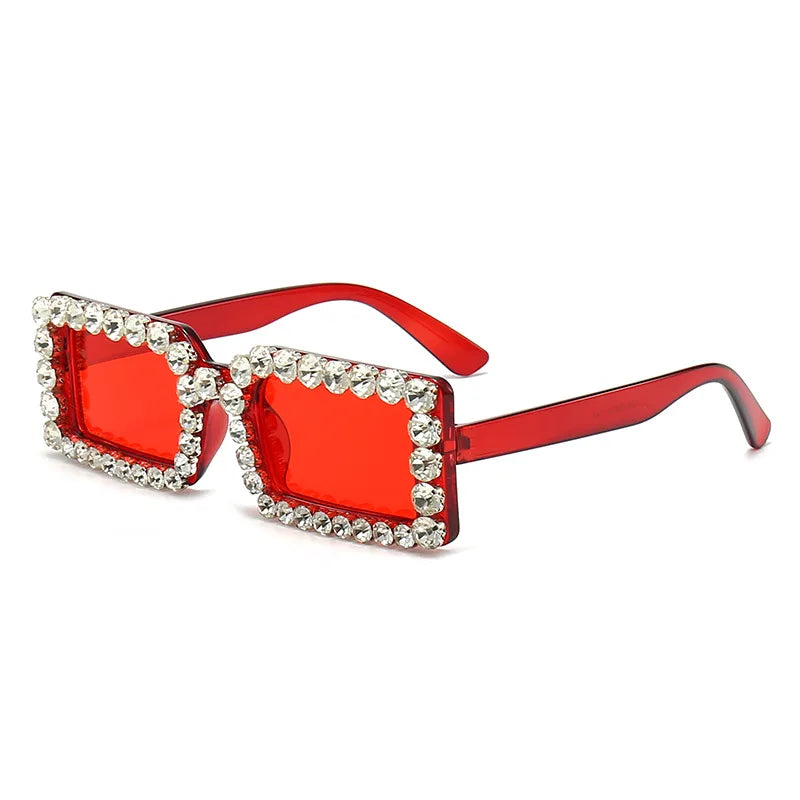 Retro Fashion Diamond Embedded Square Frame Sunglasses UV400 UV Protection Transparent Red Frame Red Film