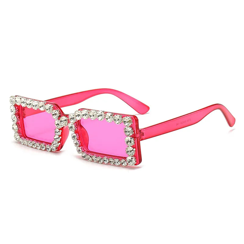 Retro Fashion Diamond Embedded Square Frame Sunglasses UV400 UV Protection Rose Pink Box Pink Lens