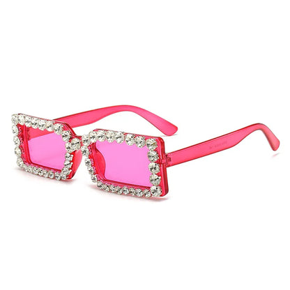 Retro Fashion Diamond Embedded Square Frame Sunglasses UV400 UV Protection Rose Pink Box Pink Lens