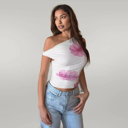 Asymmetric Neck Short Top Waist-Cinching Design Tank Top