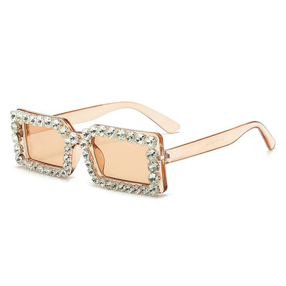 Retro Fashion Diamond Embedded Square Frame Sunglasses UV400 UV Protection Transparent Tea Frame Dried