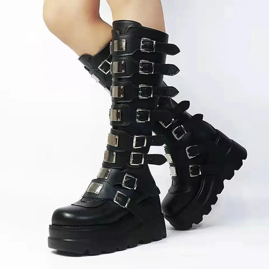 Women's Punk Streetwear Solid Color Round Toe Riding Boots