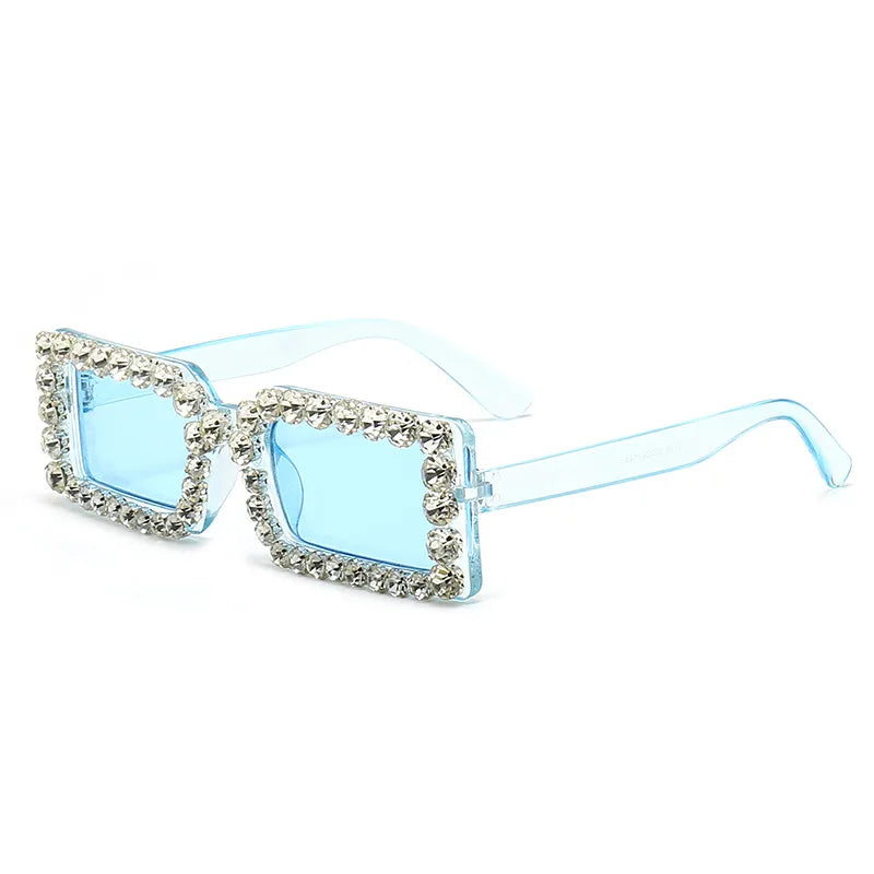 Retro Fashion Diamond Embedded Square Frame Sunglasses UV400 UV Protection Transparent Blue Frame Blue Lens