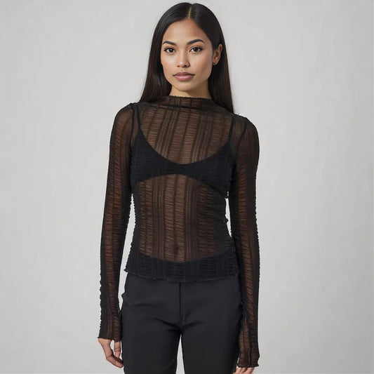 Sexy Hollow Out Long Sleeve Round NeckSlim Fit Base Shirt Black