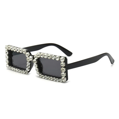 Retro Fashion Diamond Embedded Square Frame Sunglasses UV400 UV Protection Bright Black Frame Gray Lens