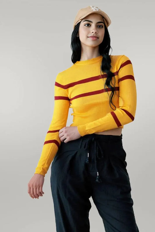 Stripe Long Sleeve Crop Knit Top Yellow